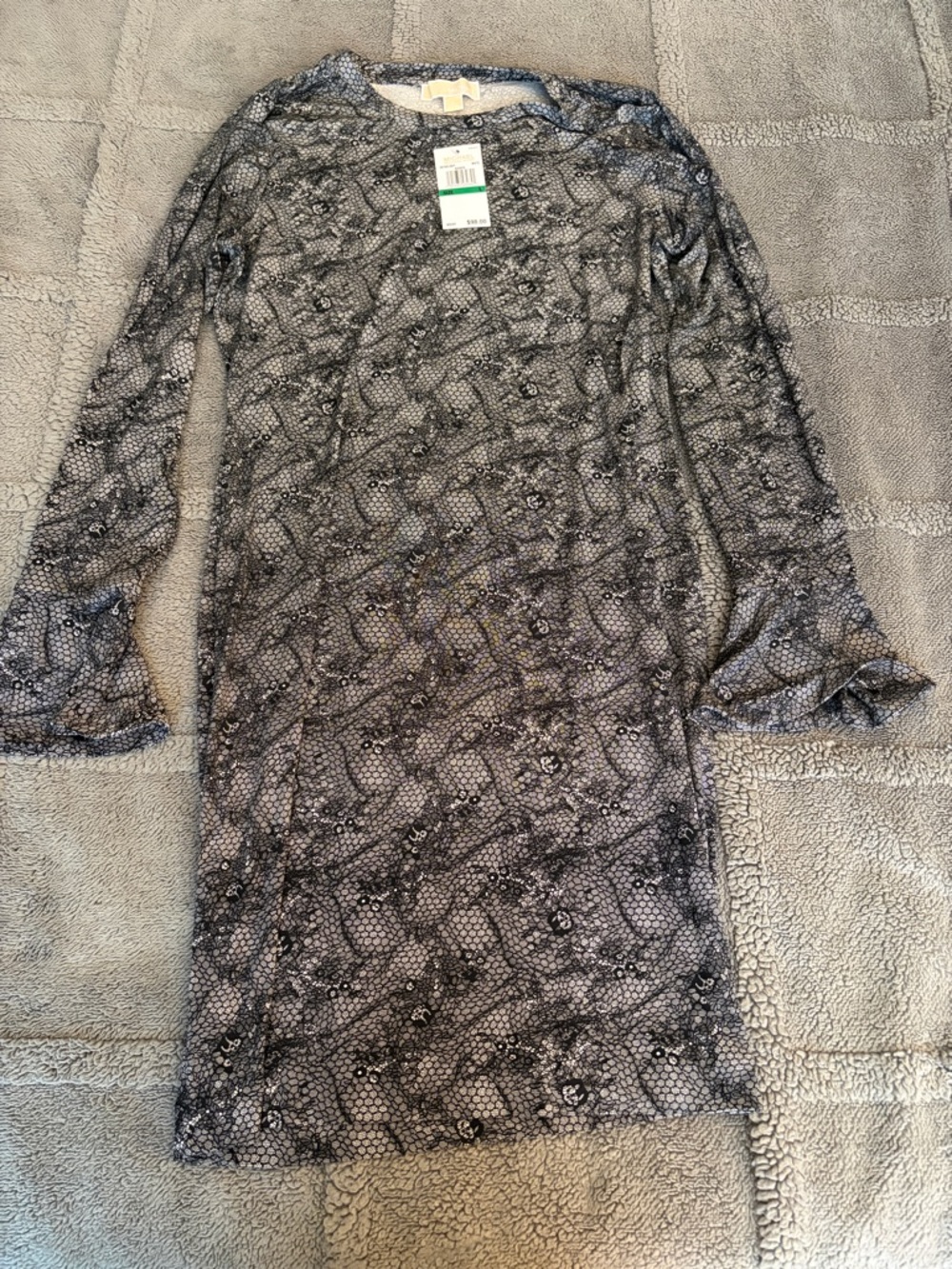 MICHAEL Michael Kors Black and Gray Sheer Lace-Overlay Long Sleeve Dress